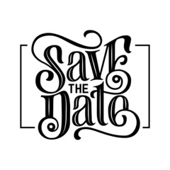 Hand Written Lettering Text. Modern brush calligraphy of the wedding invitation. Save the date. Wavy calligraphy spelling in frame with flourishes for decoration of the love card. Vector illustration