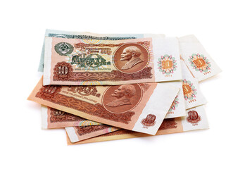 Several banknotes of 10 rubles with a portrait of Lenin - a vintage withdrawn banknote from the...
