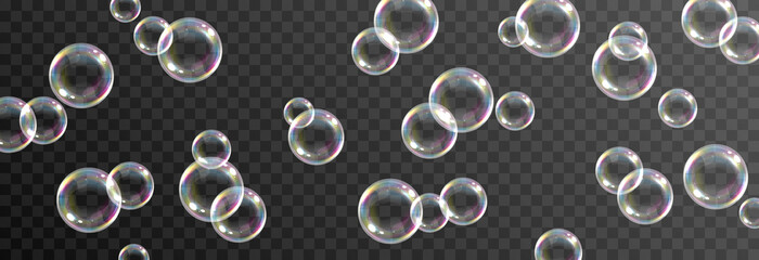 Vector soap bubble. Realistic soap bubble png, glare. Foam bubbles png. Powder, soap, detergent. Vector image. - obrazy, fototapety, plakaty