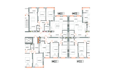 Apartment building detailed architectural technical drawing, vector blueprint floor layout