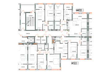 Apartment building detailed architectural technical drawing, vector blueprint floor layout