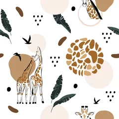  Seamless pattern abstract giraffes and banana leaves. Modern style. Vector, illustration. © Viktoria