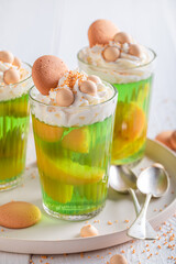 Sweet green jelly made of nectarines and gelatin.