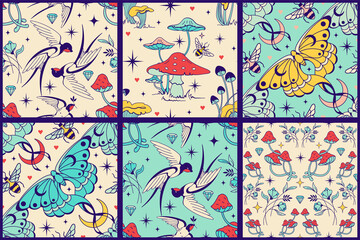 Vintage celestial seamless background with spring swallow, moth and shrooms. Retro wallpaper set. Backdrop for yoga, fabric design, witchcraft digital or wrapping paper