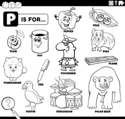 letter p words educational set coloring book page