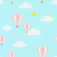 Schattige vogels en ballonnen vliegen in het naadloze wolkenpatroon voor mode, stof, textiel, kinderproducten en alle prints