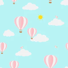 Foto op Plexiglas Luchtballon Schattige vogels en ballonnen vliegen in het naadloze wolkenpatroon voor mode, stof, textiel, kinderproducten en alle prints