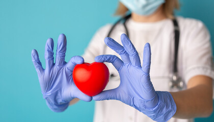 Hands in medical gloves holding a red heart shape model on blue background. Cardiology, organ donation or Healthy heart concept