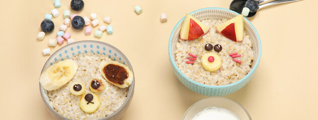 Different oatmeal for kids on colourfull background.