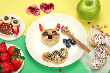 Healthy toasts for kids on colourfull background.