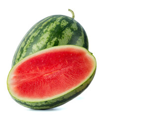 Watermelon Sonya Plus, which is cut in half, can see the red meat, fine. isolated on white background.(photoshoot in the studio)