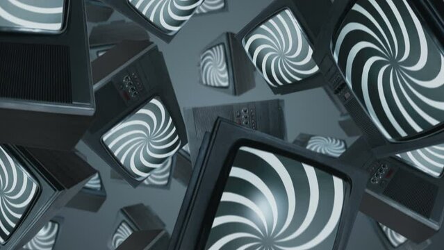 Hypnotic spiral on TV screens. Concept of influence of media on people. Broadcast, false information, hoax, propaganda, brainwashing, information and disinformation concept.