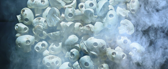 lot of skulls background, abstract texture mushrooms champignena natural decoration for the holiday food halloween day of the dead