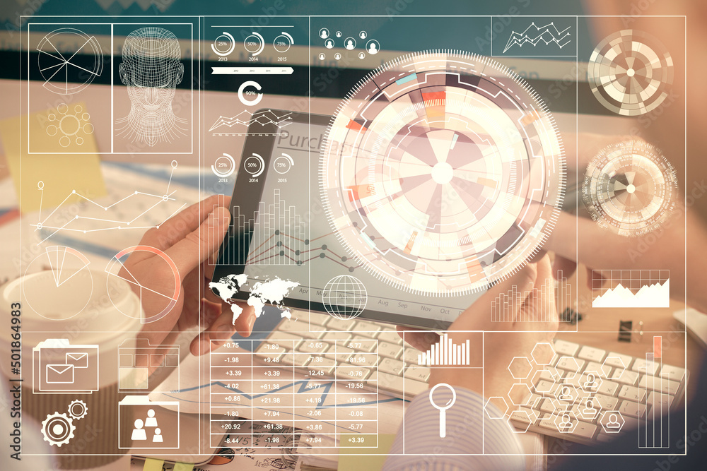 Aufkleber Multi exposure of man's hands holding and using a digital device and data theme drawing. Innovation concept.