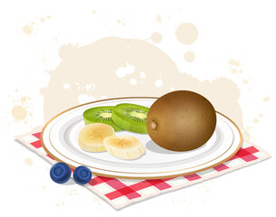 Sapodilla fruit vector illustration with banana and kiwi slices 