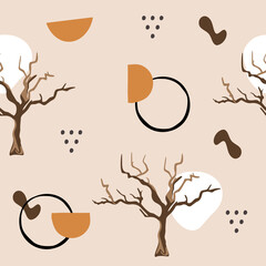 Seamless pattern with tree in African nature. Abstract modern style. Vector, illustration.