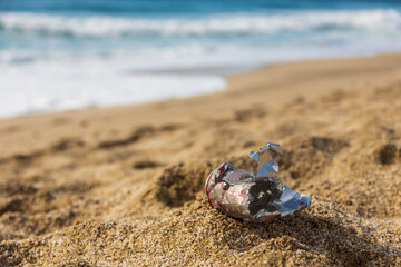 Pollution of the planet with human waste. An empty tin can thrown away by the sea on the beach....