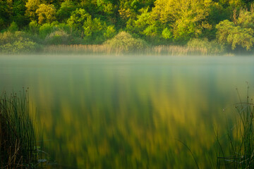 Reflections on the water in the lakeshore at the sunrise