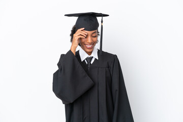 Young university graduate African American woman isolated on white background laughing