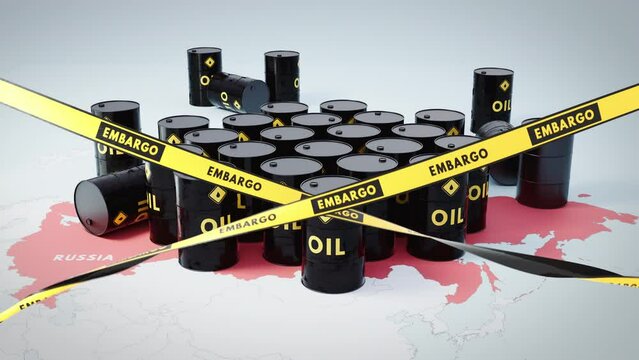 A concept shot of many black barrels with oil sign on it on a russian map with embargo ribbons in the foreground.