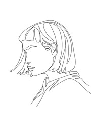 The portrait of elegant woman is drawn in one line art style. Printable art.
