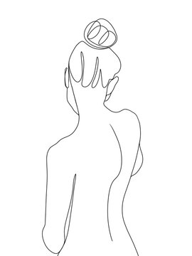 recommend clip art: A woman's nude back and tied hair is drawn in one line art style. Printable art.