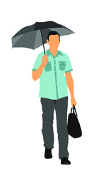 Businessman on the rain with umbrella walking the street after work vector illustration isolated on white background. Worker man under umbrella outdoor. Elegant business man. 