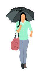 Business woman walking on the rain under umbrella after work vector illustration isolated on white. Elegant lady outdoor. Successful corporate girl in confident walk on the street.