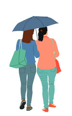 Two girls in love on rain under umbrella vector illustration isolated on white background. Woman with lady friend under umbrella, raining day. Wet street after work, sisters couple walking outdoor.