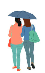Two girls in love on rain under umbrella vector illustration isolated on white background. Woman with lady friend under umbrella, raining day. Wet street after work, sisters couple walking outdoor.