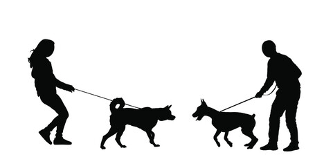 Owner girl and dog husky meeting boy with doberman vector silhouette illustration isolated on background. Woman and man with dog on leash, outdoor friendship pet playing. Friendly approach game active