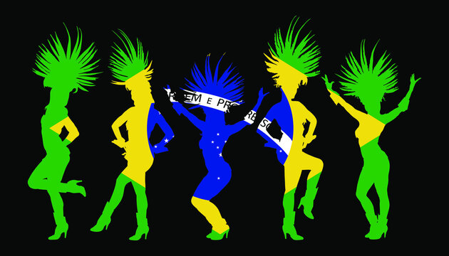 Brazil flag over carnival dancer vector silhouette illustration isolated on background. Brasil Rio De Janeiro street carnival entertainment. Attractive lady costume. Pretty woman sensual erotic dance
