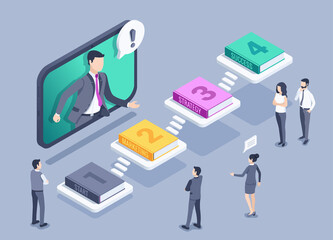 Obraz na płótnie Canvas isometric vector illustration on gray background, people in business clothes discuss success strategy and books lying on platforms, business knowledge