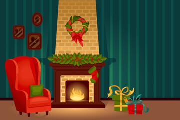 Fireplace with fire and red armchair, gifts