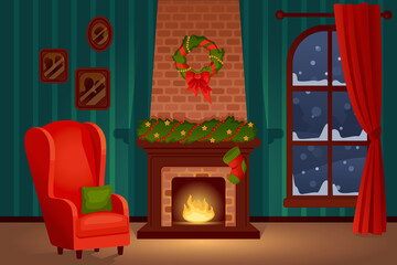 Fireplace with fire and red armchair, window