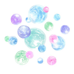 Bubbles purple pink and blue isolated on white background, watercolor illustration.