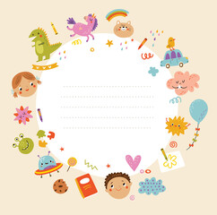 Frame background for text with kids and toys 
