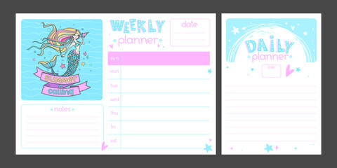 Fototapeta premium Motivational Planner set with cartoon Mermaid and hand drawn lettering 