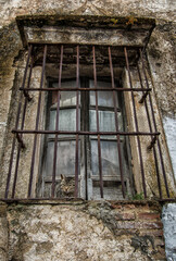 Fototapeta na wymiar Cat Cat Sit In A Cat Cat Sit In A Window Of An Abandoned Hous Of An Abandoned House With An Old Wooden Door And Iron Grill. Abandoned houses. Image With Texture And Copy Space. Evicted housing concept
