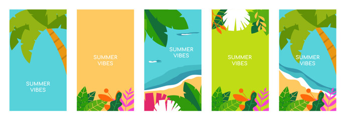 Naklejka premium Set of summer vector illustration for social media stories design templates background with copy space for text. Summer landscapes background for banner, greeting card, poster, and advertising.