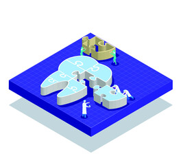 Isometric dentists puch Jigsaw tooth from the middle right to complete,Dental care concept © soponpotsit