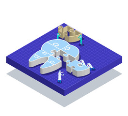 Isometric dentists puch Jigsaw tooth from the middle right to complete,Dental care concept © soponpotsit