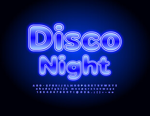 Vector event flyer Disco Night. Blue glowing Font. Illuminated Alphabet Letters, Numbers and Symbols set