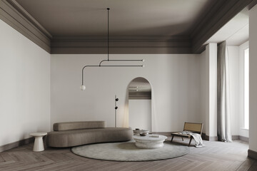 3d rendering of modern living room with cream sofa and marble table, dark gray ceiling and cornice. white wall , carpets on wood floor, wall with big mirror, lamp and decor