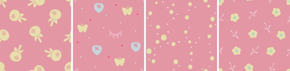 Collection of cute botanical seamless patterns. Spring summer illustrations