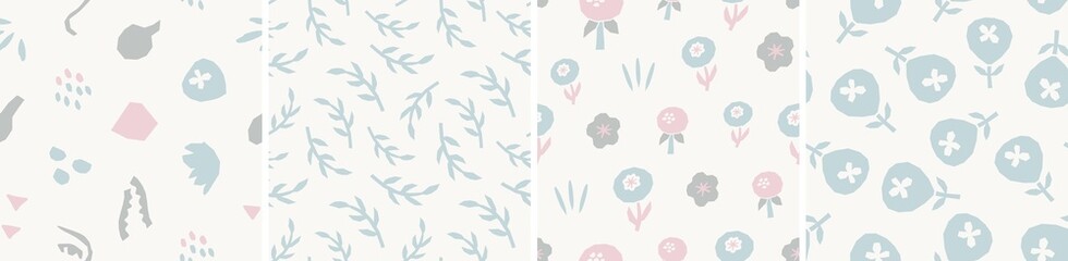 Naklejka na ściany i meble Collection of cute botanical seamless patterns. Spring summer illustrations