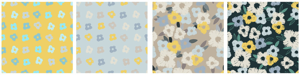 Seamless colorful patterns set with hand drawn Viola flowers on gray background for surface design and other design projects