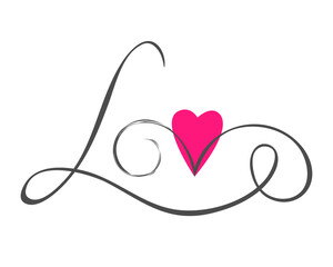 Love inscription lettering and heart, letters written by the author brush, Valentines Day, Wedding, passion. Isolated, white background. Vector illustration
