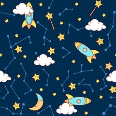 Seamless space pattern with spaceships,clouds and stars on the dark background. Cartoon vector pattern.
