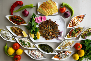 Top view of table scene with assorted take out or delivery foods. Meat and chicken doner kebab sandwich, wrap and on the plate with vegetables and sauce, including fries and pickles.